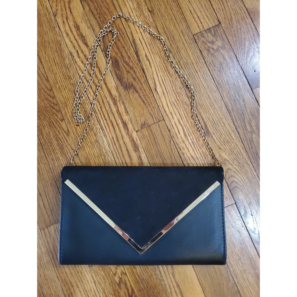 Aldo Black Envelope Clutch Bag Gold Metal Trim Chain Strap Evening Handbag purse